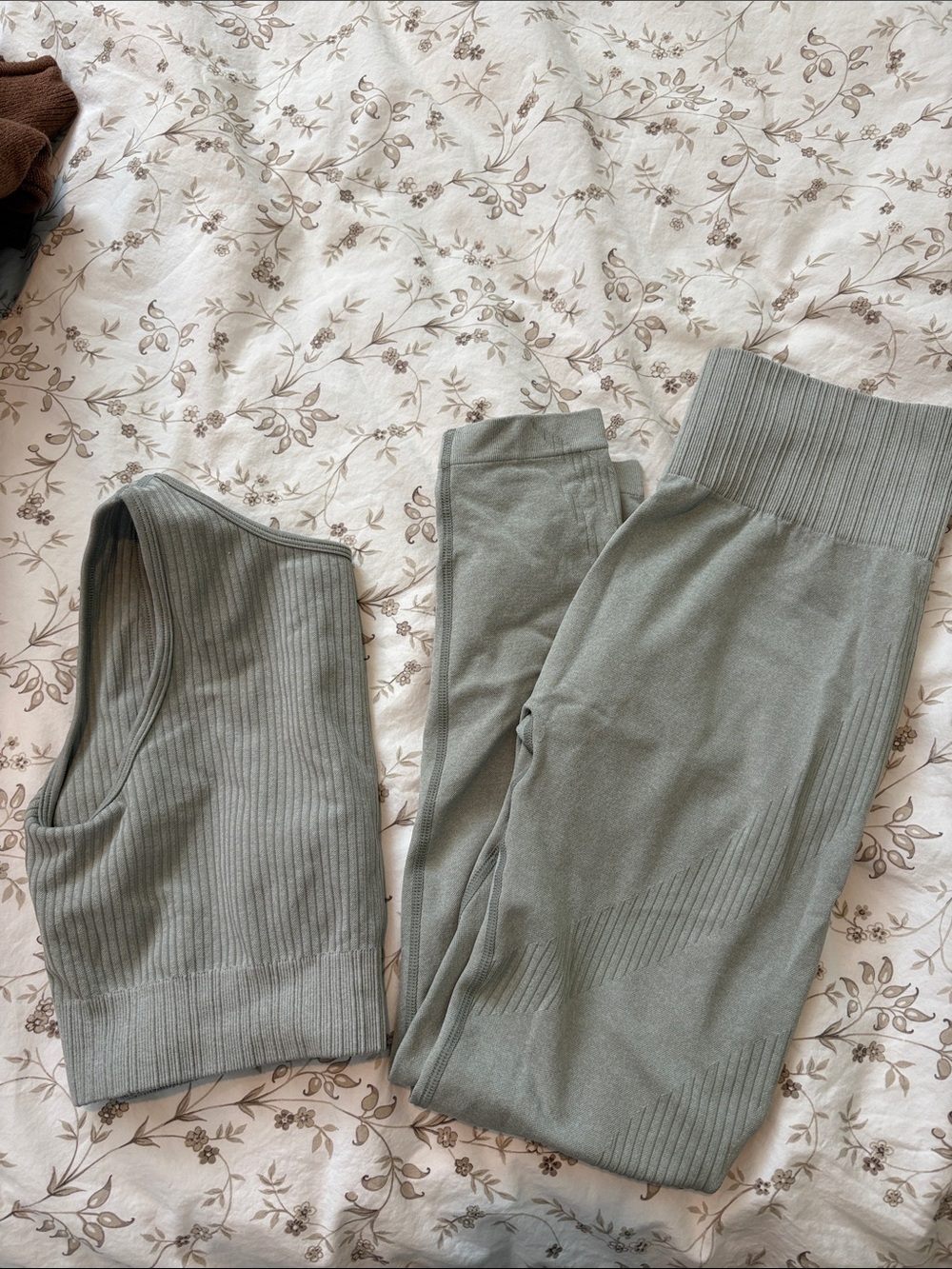 Ribbed High-Waist Medium Seamless Leggings & Crop Tank Set - Sage Green